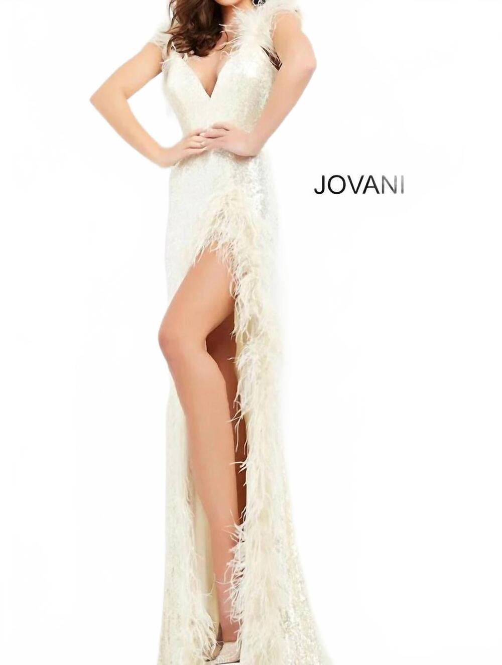 NEW JOVANI sequin feather gown in cream